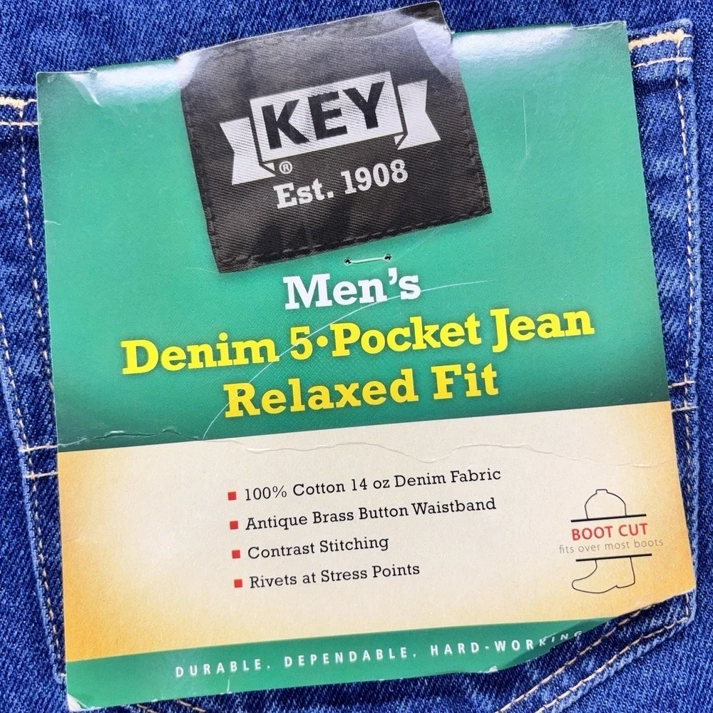 Key Jeans Mens 42x30 Boot Cut Relaxed Fit 5 Pocket Blue Denim Workwear‎ NEW